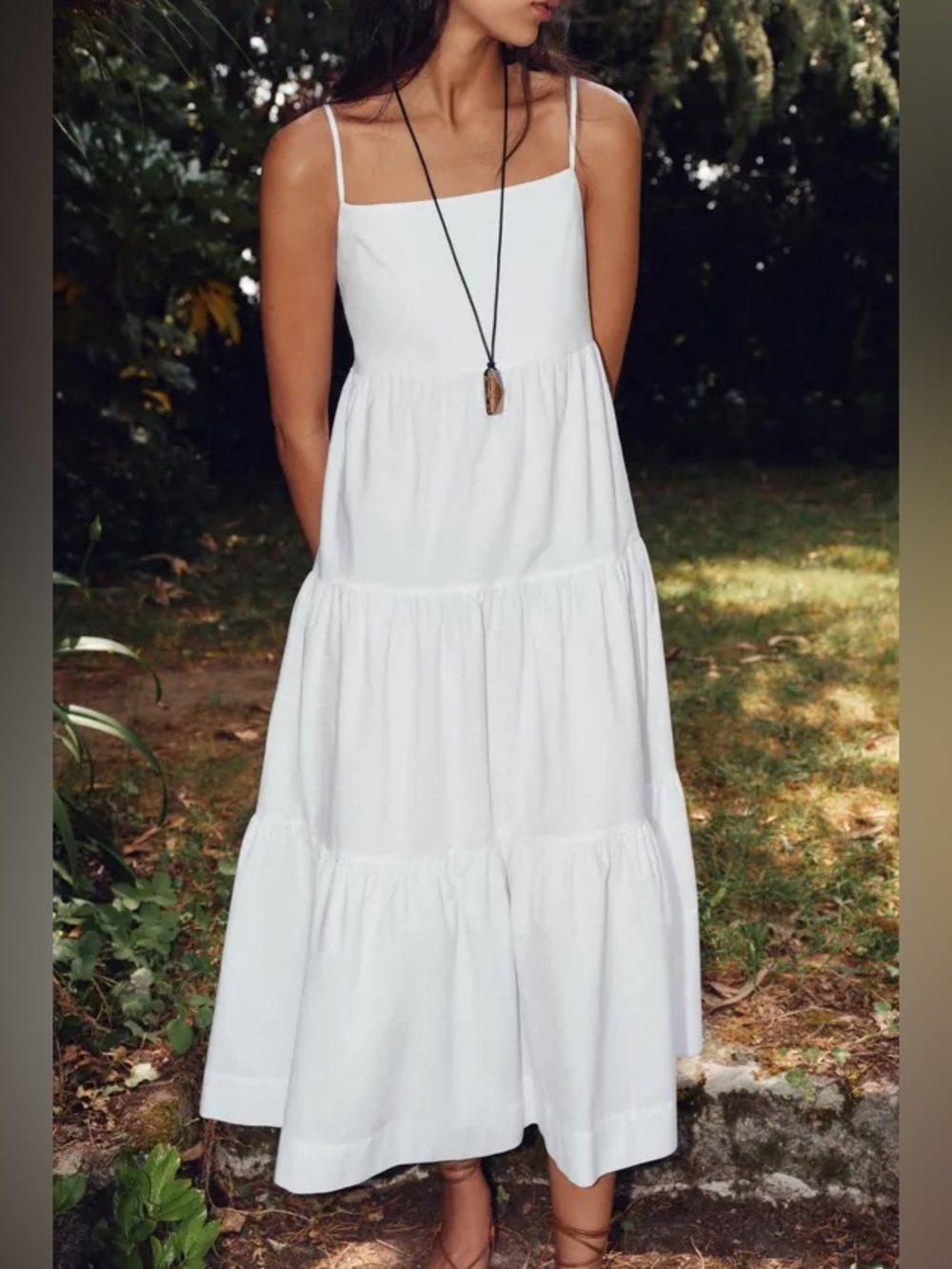 ZARA Organic Cotton Poplin White Tiered Sleeveless Tie-back Midi Dress.